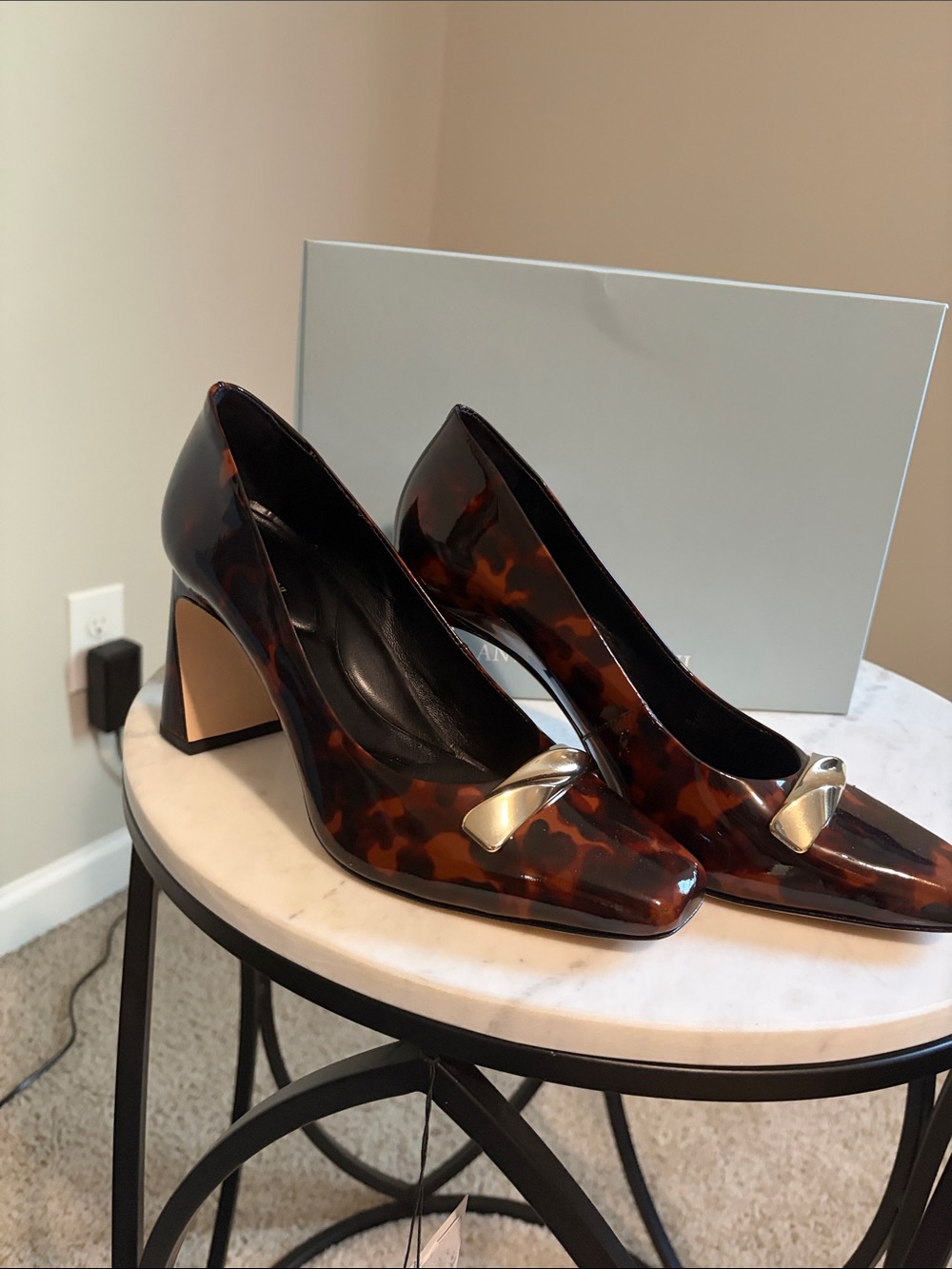 ANTONIO MELANI Tortoiseshell Block Heel Pumps with Gold Accent